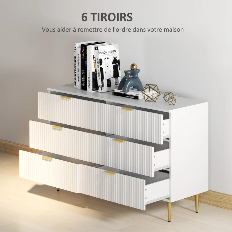 Commode 6 tiroirs chambre 120 x 40 x 76,5 cm grande capacité anti-basculement moderne finitions dorées en MDF blanc 21_0001644