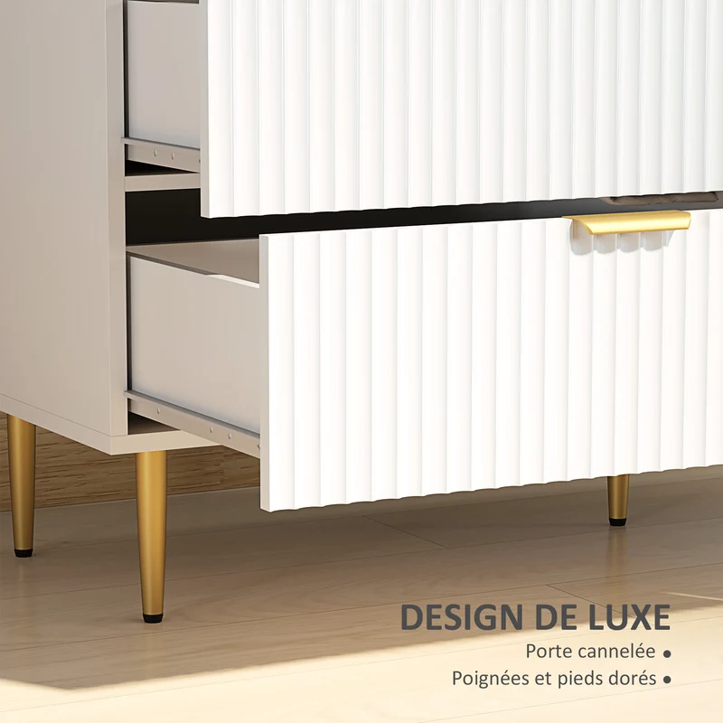 Commode 6 tiroirs chambre 120 x 40 x 76,5 cm grande capacité anti-basculement moderne finitions dorées en MDF blanc 21_0001644
