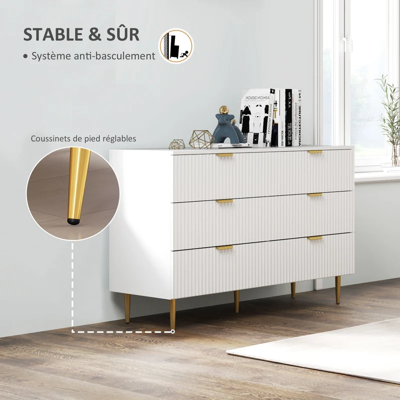 Commode 6 tiroirs chambre 120 x 40 x 76,5 cm grande capacité anti-basculement moderne finitions dorées en MDF blanc 21_0001644