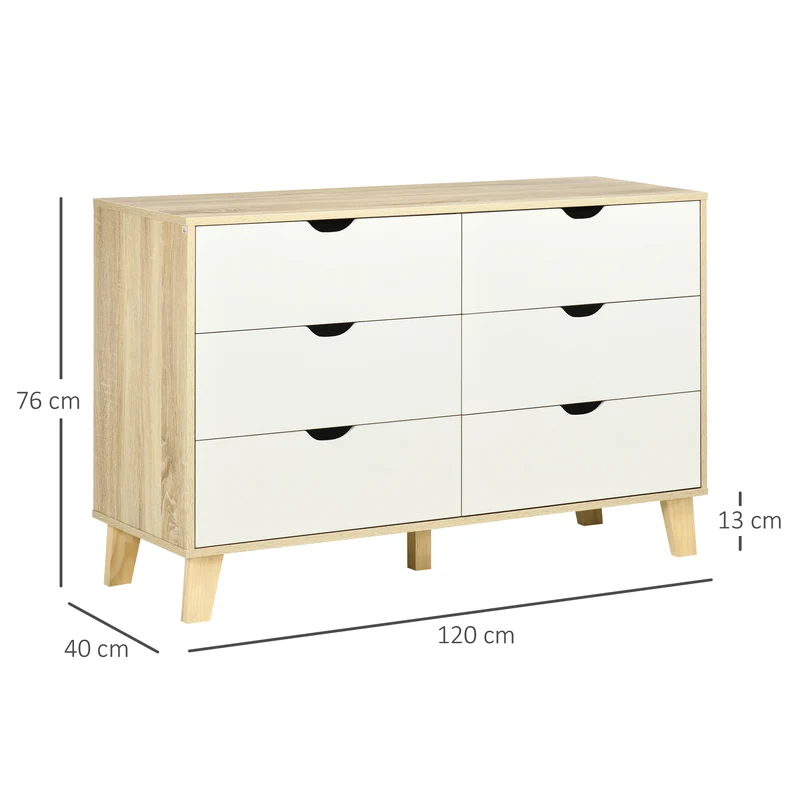 Commode 6 tiroirs 120 x 40 x 76 cm spacieux sécurité anti basculement scandinave moderne en panneau de particules blanc 21_0001528