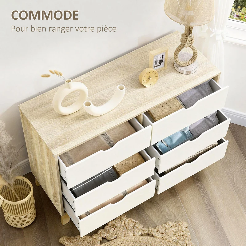 Commode 6 tiroirs 120 x 40 x 76 cm spacieux sécurité anti basculement scandinave moderne en panneau de particules blanc 21_0001528