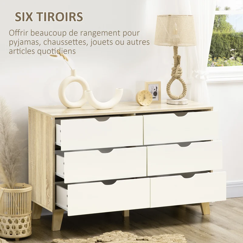 Commode 6 tiroirs 120 x 40 x 76 cm spacieux sécurité anti basculement scandinave moderne en panneau de particules blanc 21_0001528
