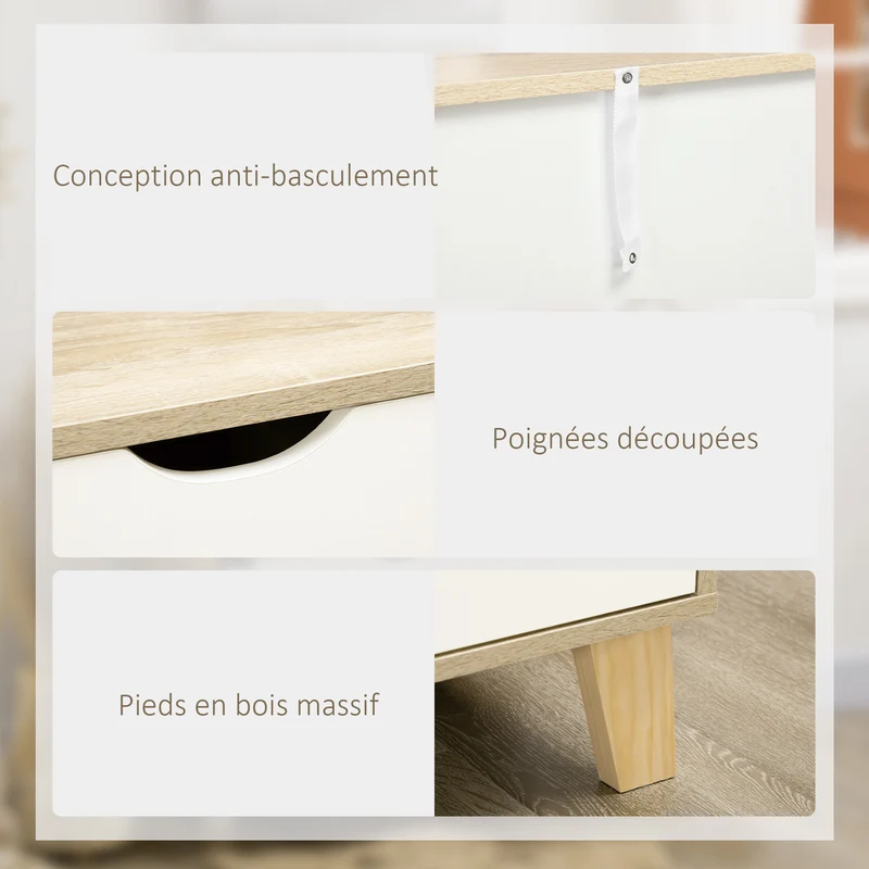 Commode 6 tiroirs 120 x 40 x 76 cm spacieux sécurité anti basculement scandinave moderne en panneau de particules blanc 21_0001528