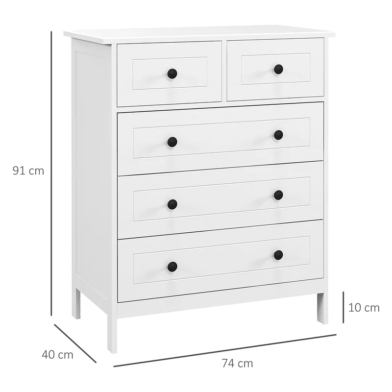 Commode 5 tiroirs rangement chambre 74 x 40 x 91 cm gain de place anti basculement design épuré compact en MDF blanc 21_0001578
