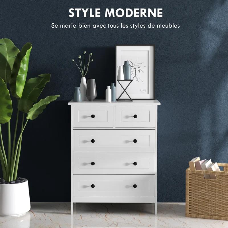 Commode 5 tiroirs rangement chambre 74 x 40 x 91 cm gain de place anti basculement design épuré compact en MDF blanc 21_0001578