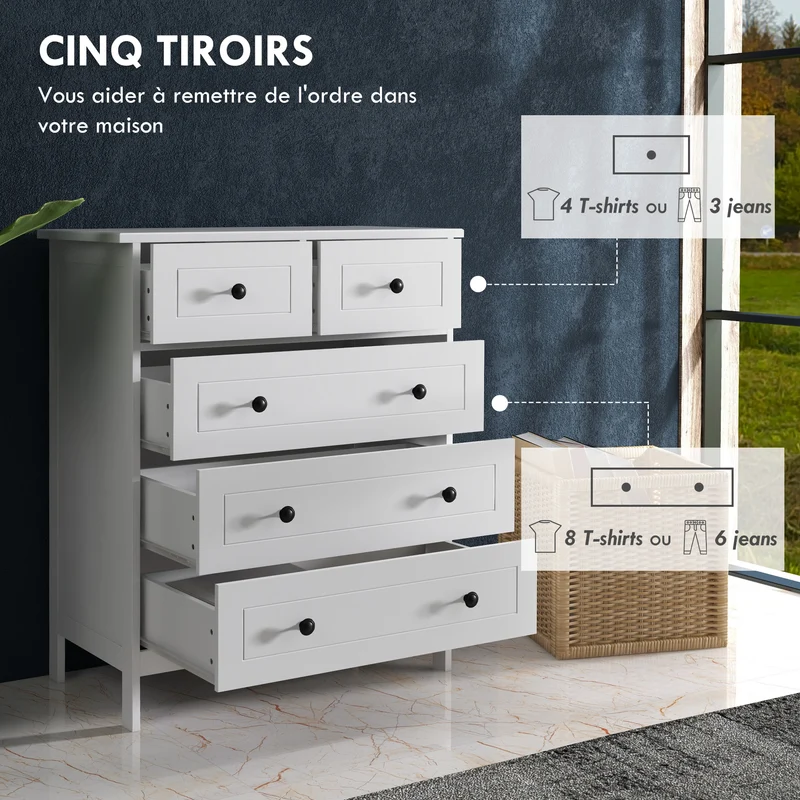 Commode 5 tiroirs rangement chambre 74 x 40 x 91 cm gain de place anti basculement design épuré compact en MDF blanc 21_0001578
