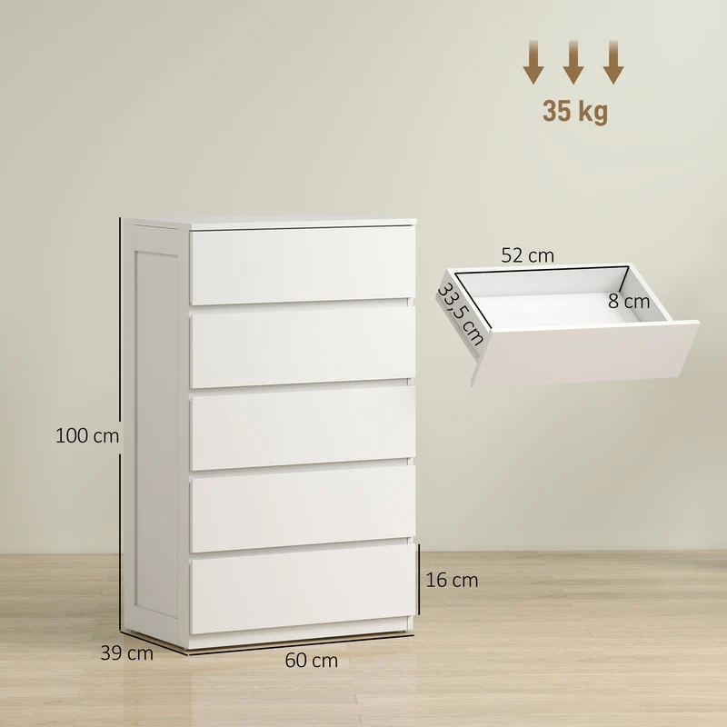 Commode de rangement 5 tiroirs 60 x 39 x 100 cm sans poignées tiroirs spacieux stable moderne minimaliste en MDF blanc 21_0001570