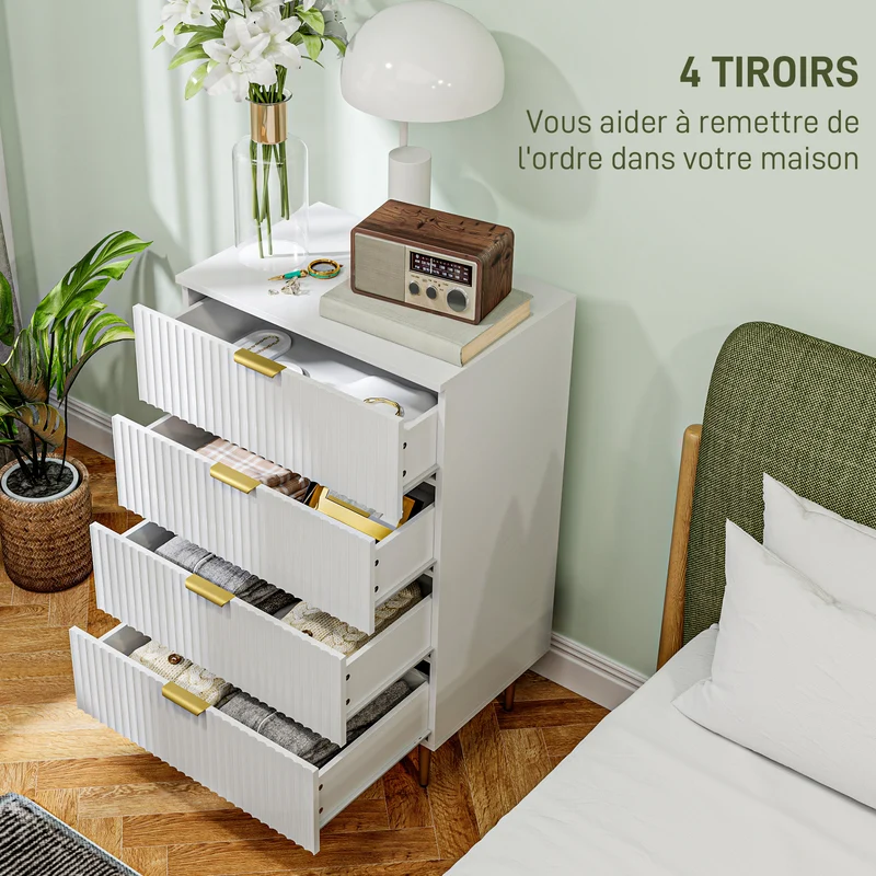 Commode de chambre 4 tiroirs 60 x 40 x 96 cm spacieux rangement sécurisé anti-basculement moderne épuré en MDF blanc 21_0001642