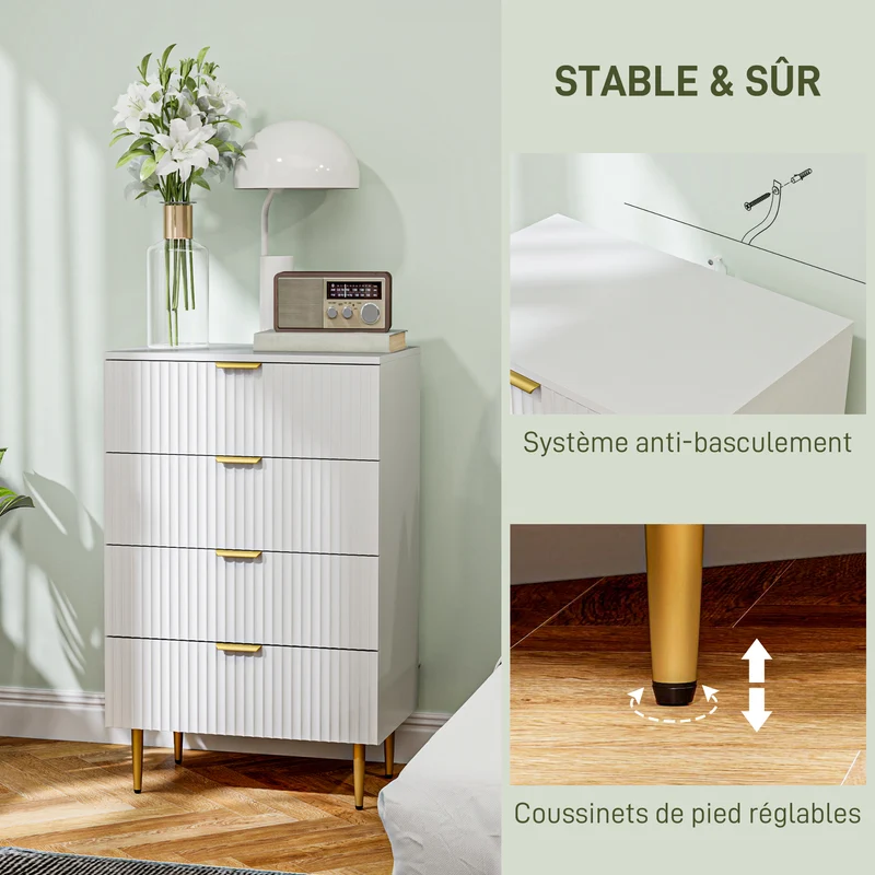 Commode de chambre 4 tiroirs 60 x 40 x 96 cm spacieux rangement sécurisé anti-basculement moderne épuré en MDF blanc 21_0001642