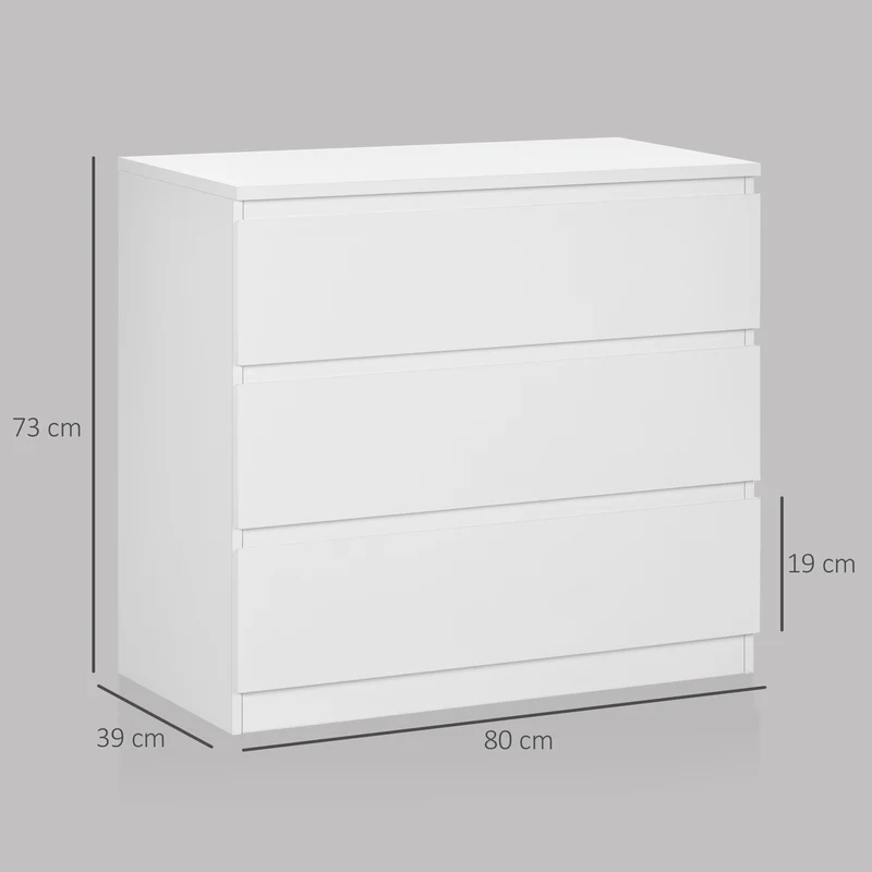 Commode 3 grands tiroirs rangement de chambre 80 x 39 x 73 cm gain de place anti basculement moderne épuré en MDF blanc 21_0001516
