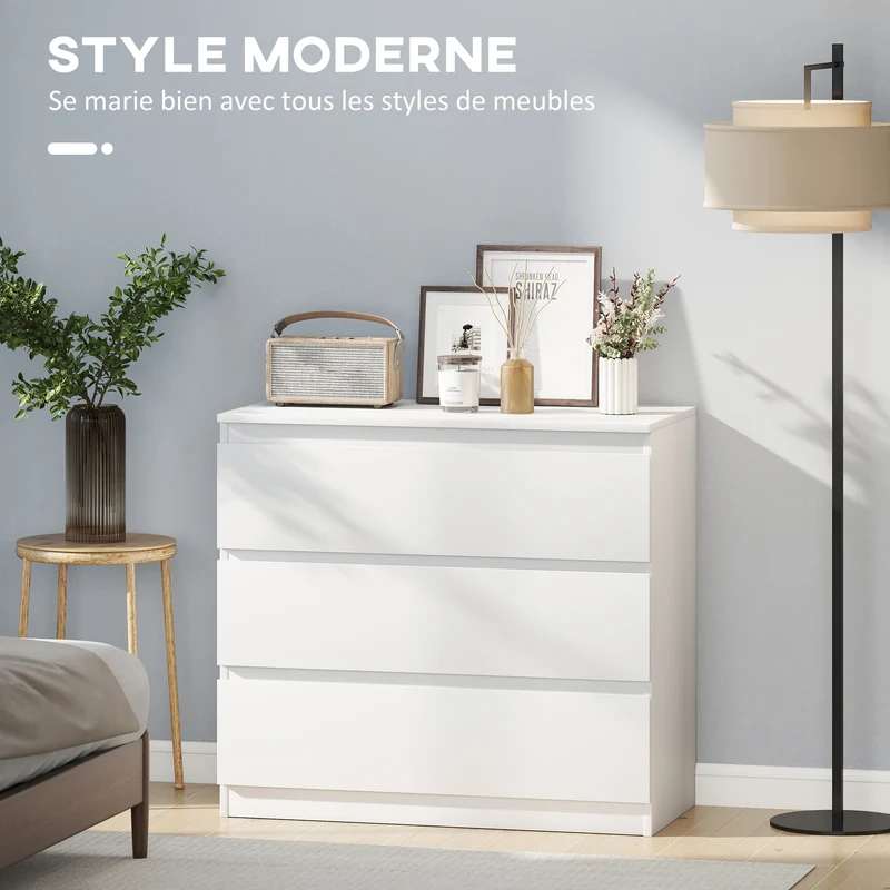 Commode 3 grands tiroirs rangement de chambre 80 x 39 x 73 cm gain de place anti basculement moderne épuré en MDF blanc 21_0001516
