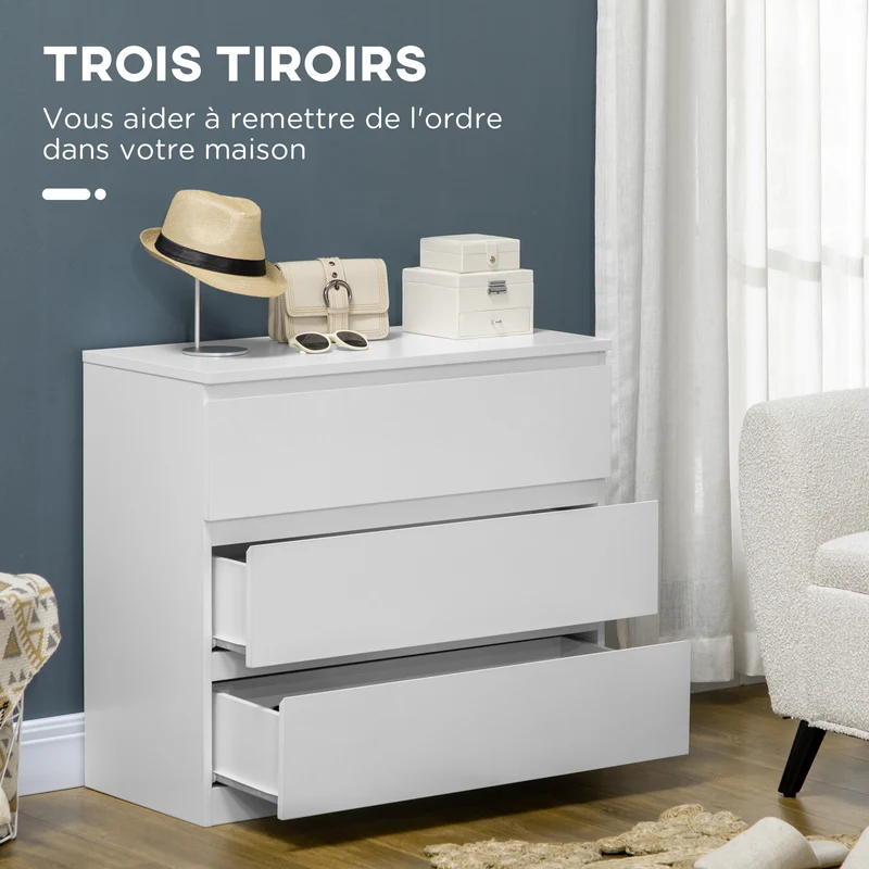 Commode 3 grands tiroirs rangement de chambre 80 x 39 x 73 cm gain de place anti basculement moderne épuré en MDF blanc 21_0001516