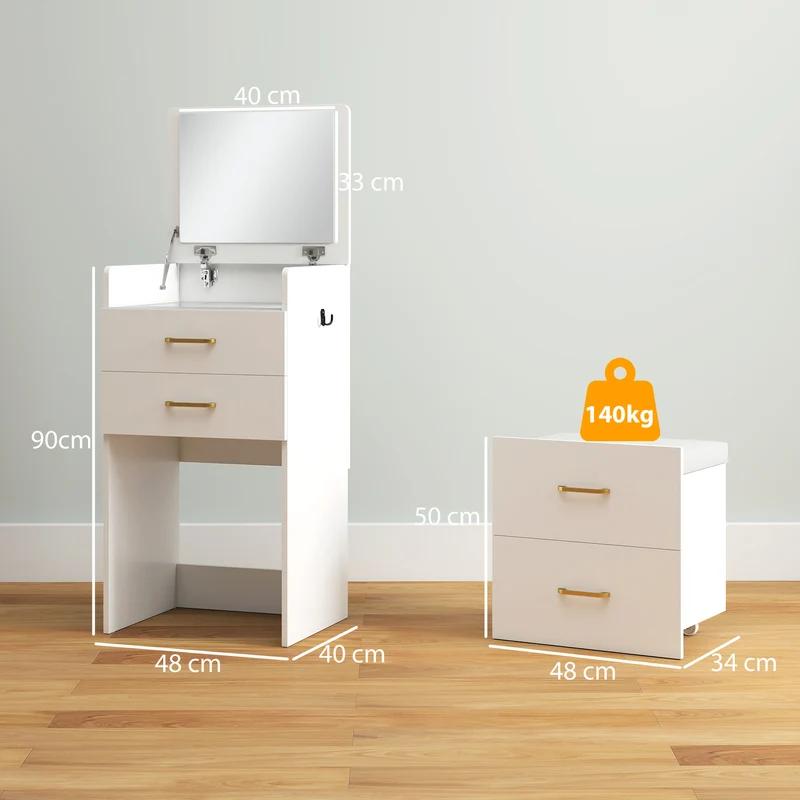 Coiffeuse 3 en 1 table de nuit et tabouret 48 x 40 x 90 cm rangements optimisés miroir rabattable épuré en MDF blanc 21_0003729