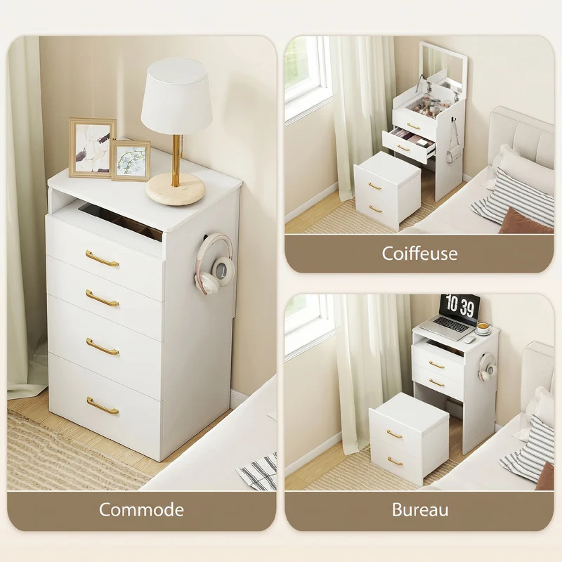 Coiffeuse 3 en 1 table de nuit et tabouret 48 x 40 x 90 cm rangements optimisés miroir rabattable épuré en MDF blanc 21_0003729
