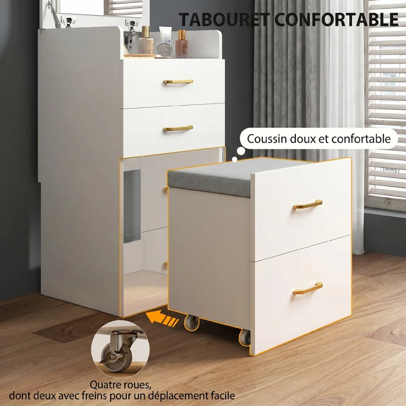 Coiffeuse 3 en 1 table de nuit et tabouret 48 x 40 x 90 cm rangements optimisés miroir rabattable épuré en MDF blanc 21_0003729
