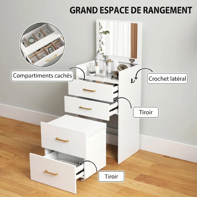 Coiffeuse 3 en 1 table de nuit et tabouret 48 x 40 x 90 cm rangements optimisés miroir rabattable épuré en MDF blanc 21_0003729