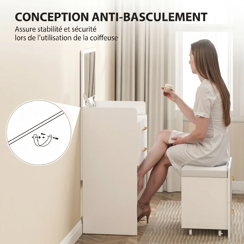 Coiffeuse 3 en 1 table de nuit et tabouret 48 x 40 x 90 cm rangements optimisés miroir rabattable épuré en MDF blanc 21_0003729
