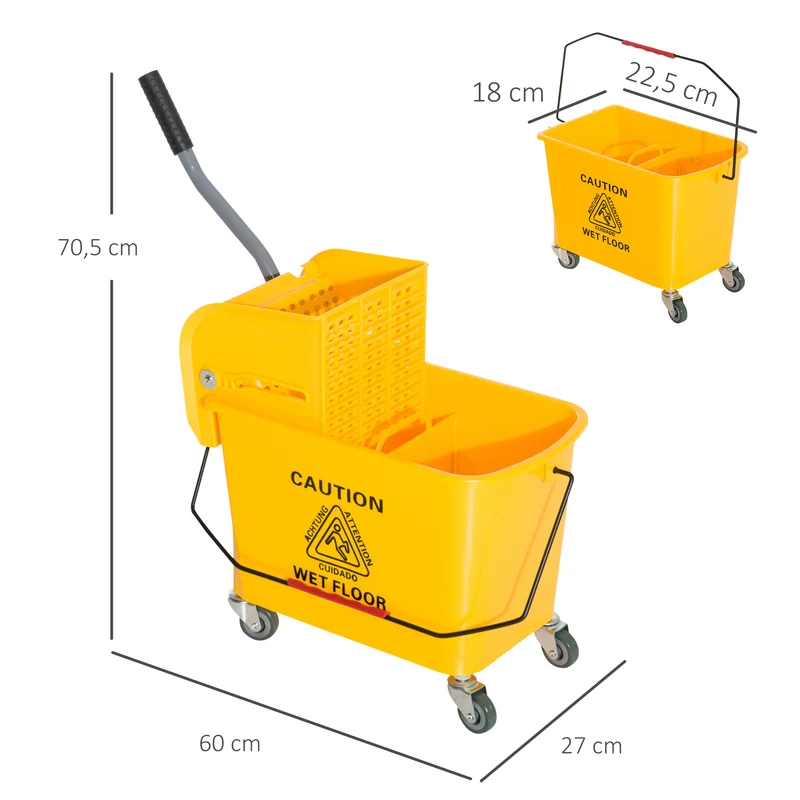 Chariot de nettoyage seau essoreur séparateur eau propre sale 60 x 27 x 71 cm mobile roulettes léger épuré en PP jaune 21_0000921