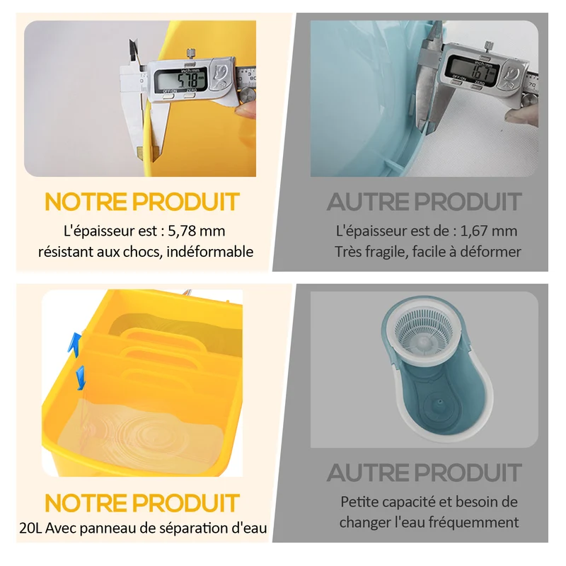 Chariot de nettoyage seau essoreur séparateur eau propre sale 60 x 27 x 71 cm mobile roulettes léger épuré en PP jaune 21_0000921