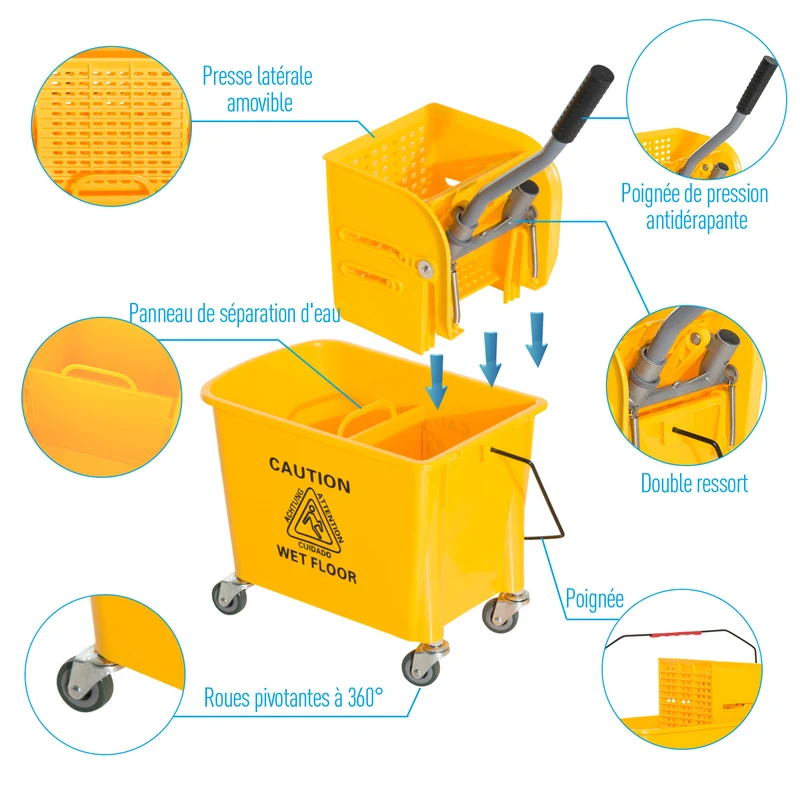 Chariot de nettoyage seau essoreur séparateur eau propre sale 60 x 27 x 71 cm mobile roulettes léger épuré en PP jaune 21_0000921
