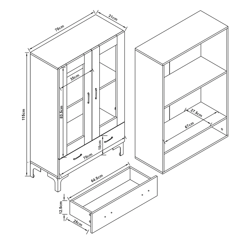 Armoire étagère meuble de rangement vitrée 115 x 70 x 31 cm effet chêne 03_0008940