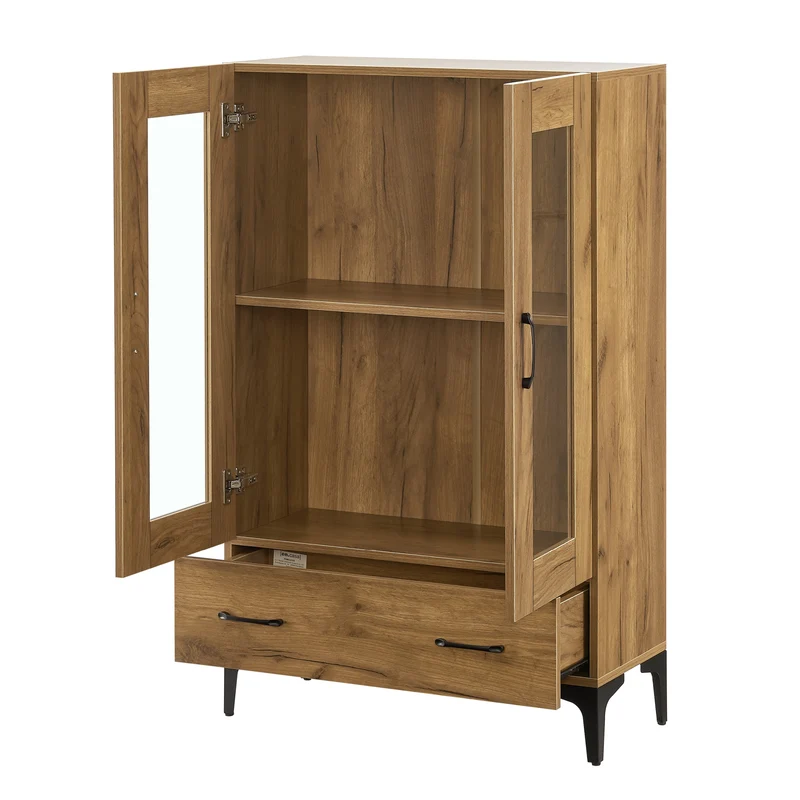 Armoire étagère meuble de rangement vitrée 115 x 70 x 31 cm effet chêne 03_0008940
