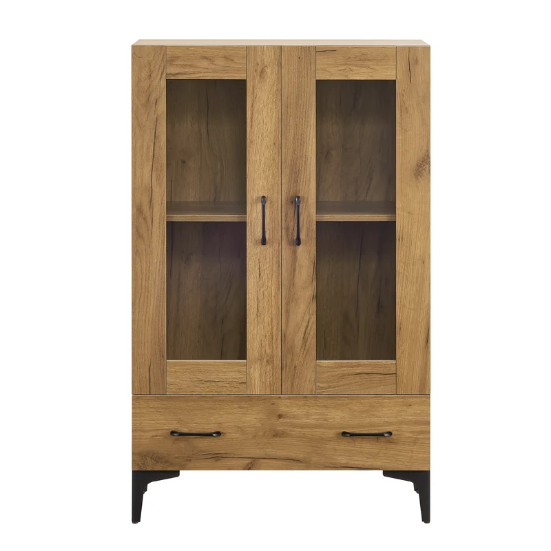 Armoire étagère meuble de rangement vitrée 115 x 70 x 31 cm effet chêne 03_0008940