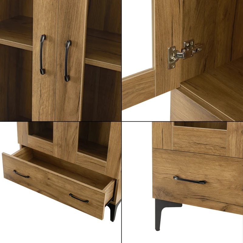 Armoire étagère meuble de rangement vitrée 115 x 70 x 31 cm effet chêne 03_0008940