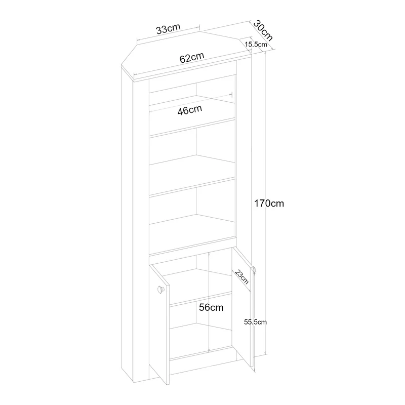 Armoire étagère meuble de rangement d'angle avec 2 portes et 5 étagères panneau de particules 170 x 62 x 30 cm effet chêne 03_0008866