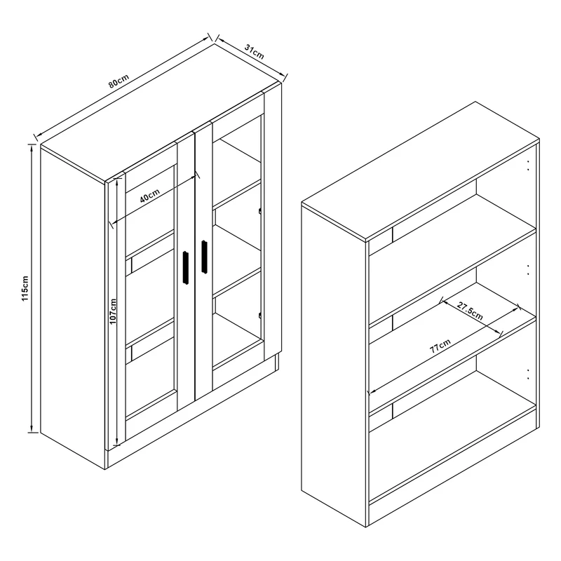 Armoire étagère meuble de rangement vitrée 115 x 80 x 31 cm effet chêne 03_0008930