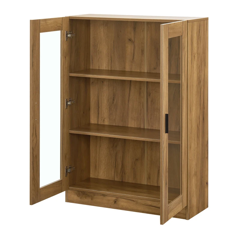 Armoire étagère meuble de rangement vitrée 115 x 80 x 31 cm effet chêne 03_0008930
