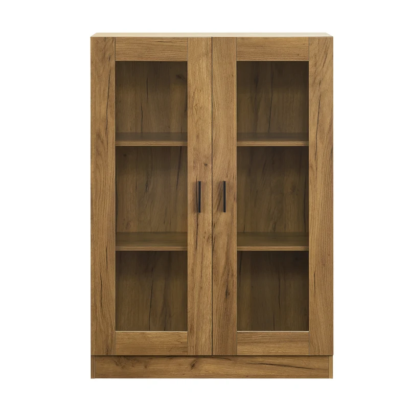 Armoire étagère meuble de rangement vitrée 115 x 80 x 31 cm effet chêne 03_0008930