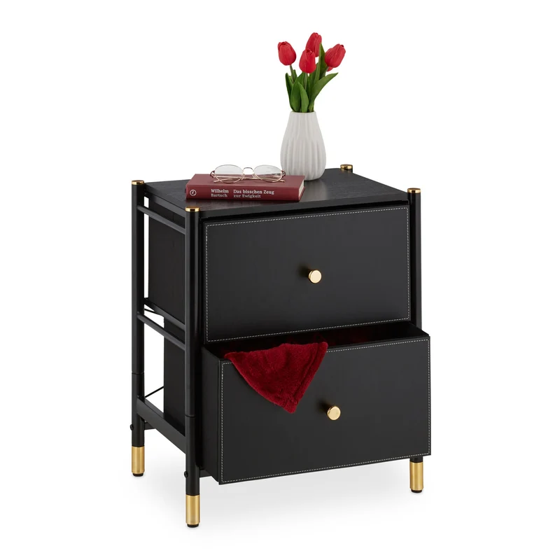Table de nuit design moderne 50 x 40 x 40 cm 2 tiroirs pratiques en acier noir 13_0014497