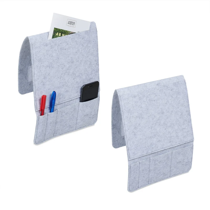Lot de 2 poches de lit à suspendre pour rangement livres télécommandes 30 x 20 x 5 cm en feutre gris 13_0014117