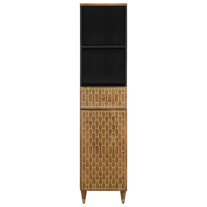 Armoire de salle de bain rétro 38 x 33 x 160 cm grand rangement avec motif sculpté en bois massif marron 02_0047316