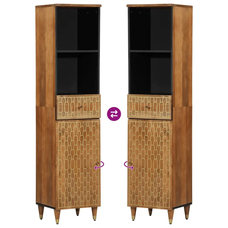 Armoire de salle de bain rétro 38 x 33 x 160 cm grand rangement avec motif sculpté en bois massif marron 02_0047316