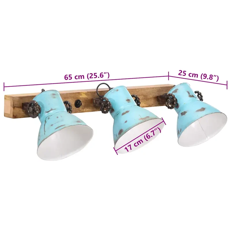 Lampe murale industrielle avec 3 abat-jours 65 x 25 cm ambiance cosy en fer bleu délavé 02_0047481