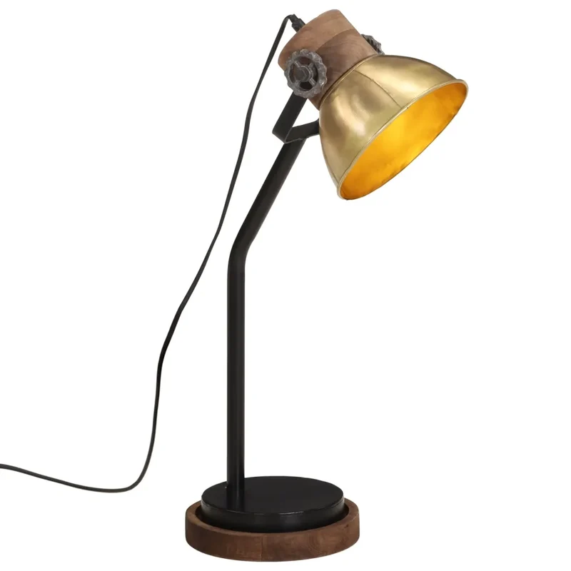 Lampe de bureau style industriel fer laiton antique 18 x 18 x 60 cm avec douille E27 ambiance cosy en bois marron 02_0047547