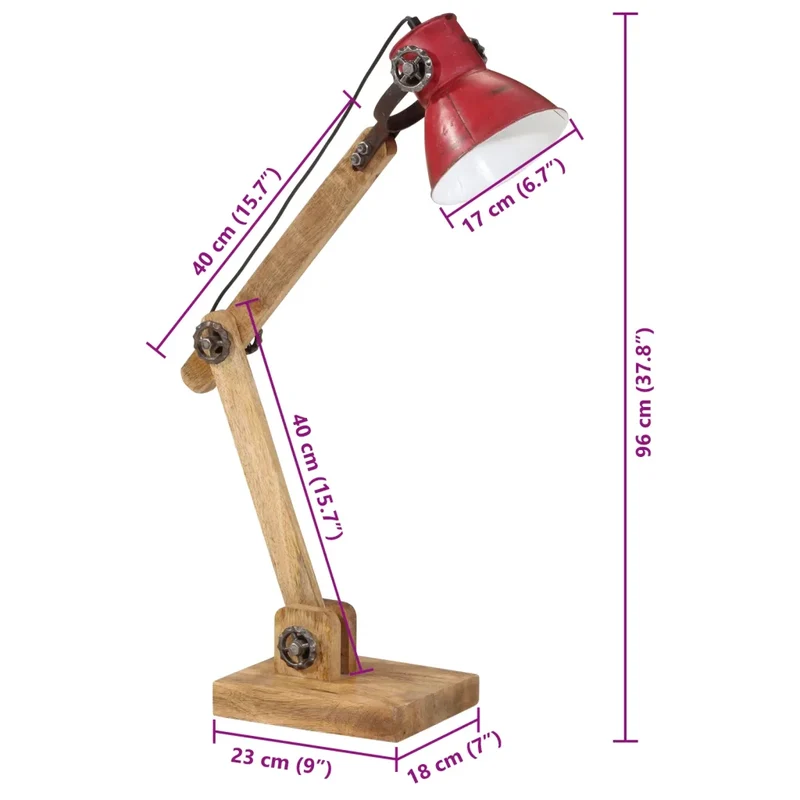 Lampe de bureau industrielle avec bras réglable 23 x 18 x 96 cm ambiance rustique en bois de manguier rouge délavé 02_0047498