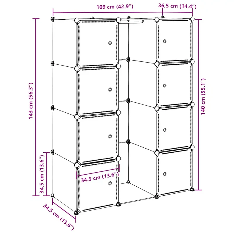 Armoire modulaire 9 compartiments rangement élégant chambre salon 109 x 36,5 x 143 cm en plastique blanc 02_0046220