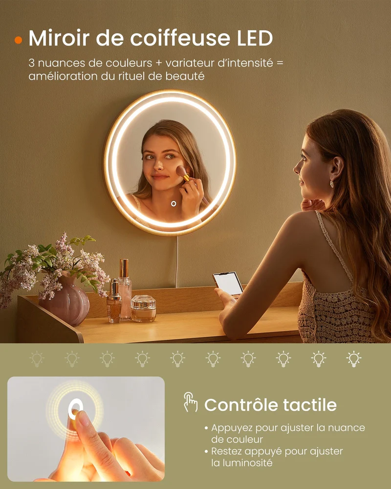 Coiffeuse avec miroir et lumière table de maquillage 3 tiroirs imitation rotin lumière réglable avec 3 nuances de couleur style bohème chambre beige 12_0006048
