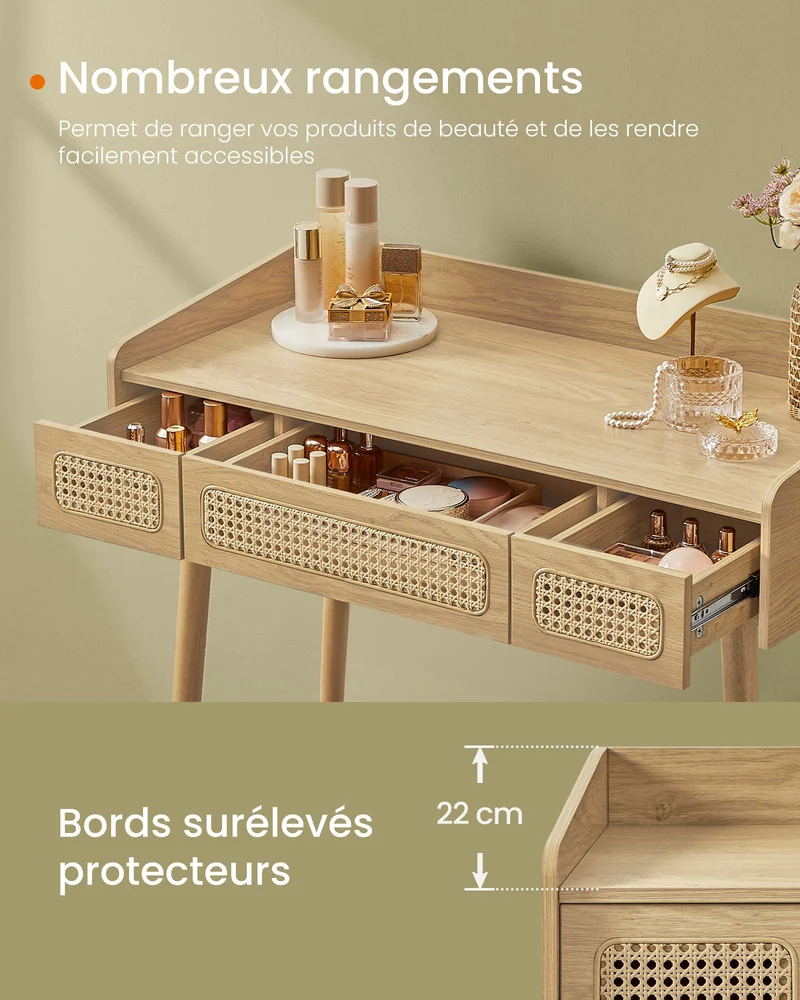 Coiffeuse avec miroir et lumière table de maquillage 3 tiroirs imitation rotin lumière réglable avec 3 nuances de couleur style bohème chambre beige 12_0006048
