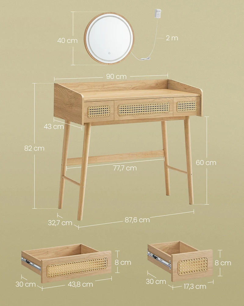 Coiffeuse avec miroir et lumière table de maquillage 3 tiroirs imitation rotin lumière réglable avec 3 nuances de couleur style bohème chambre beige 12_0006048