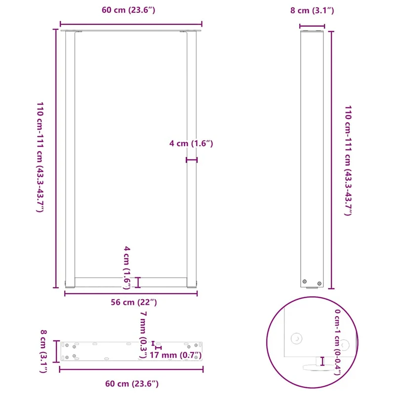 Lot de 2 pieds de table de bar en U réglables 60 x 110 cm design moderne stabilité accrue en acier anthracite 02_0057490