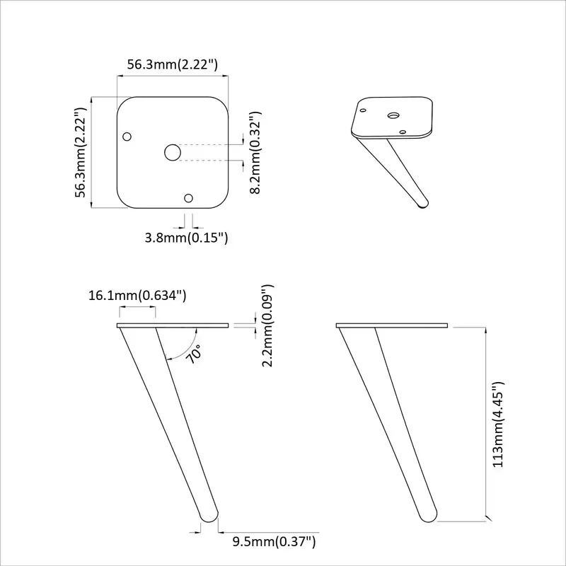 Lot de 2 pieds de support modernes design effilé 56 x 56 x 100 mm en fer noir 02_0051983