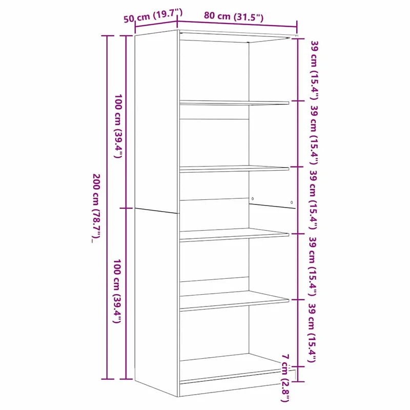 Armoire moderne avec 5 étagères rangement 80 x 50 x 200 cm en bois d'ingénierie chêne noir 02_0056014