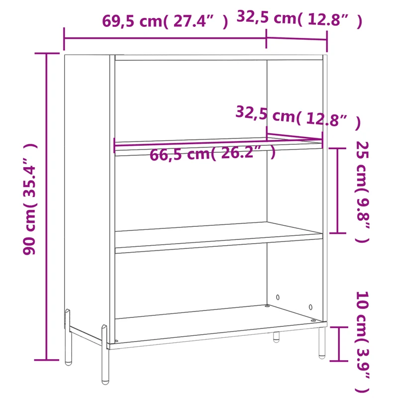 Armoire à étagères moderne 69,5 x 32,5 x 90 cm avec pieds en métal et grand espace de rangement en bois noir 02_0048558