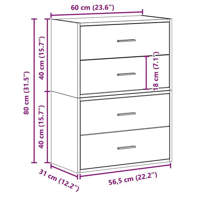 Lot de 2 armoires de rangement avec 2 tiroirs 60 x 31 x 40 cm en bois d'ingénierie chêne sonoma 02_0051193