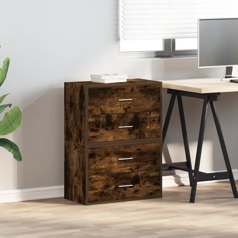 Lot de 2 armoires de rangement avec 2 tiroirs empilables 60 x 31 x 40 cm en bois d'ingénierie chêne fumé 02_0051197