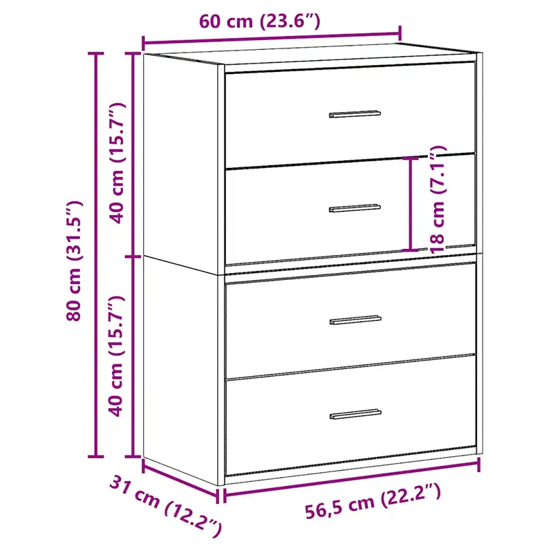 Lot de 2 armoires de rangement avec 2 tiroirs empilables 60 x 31 x 40 cm en bois d'ingénierie chêne fumé 02_0051197